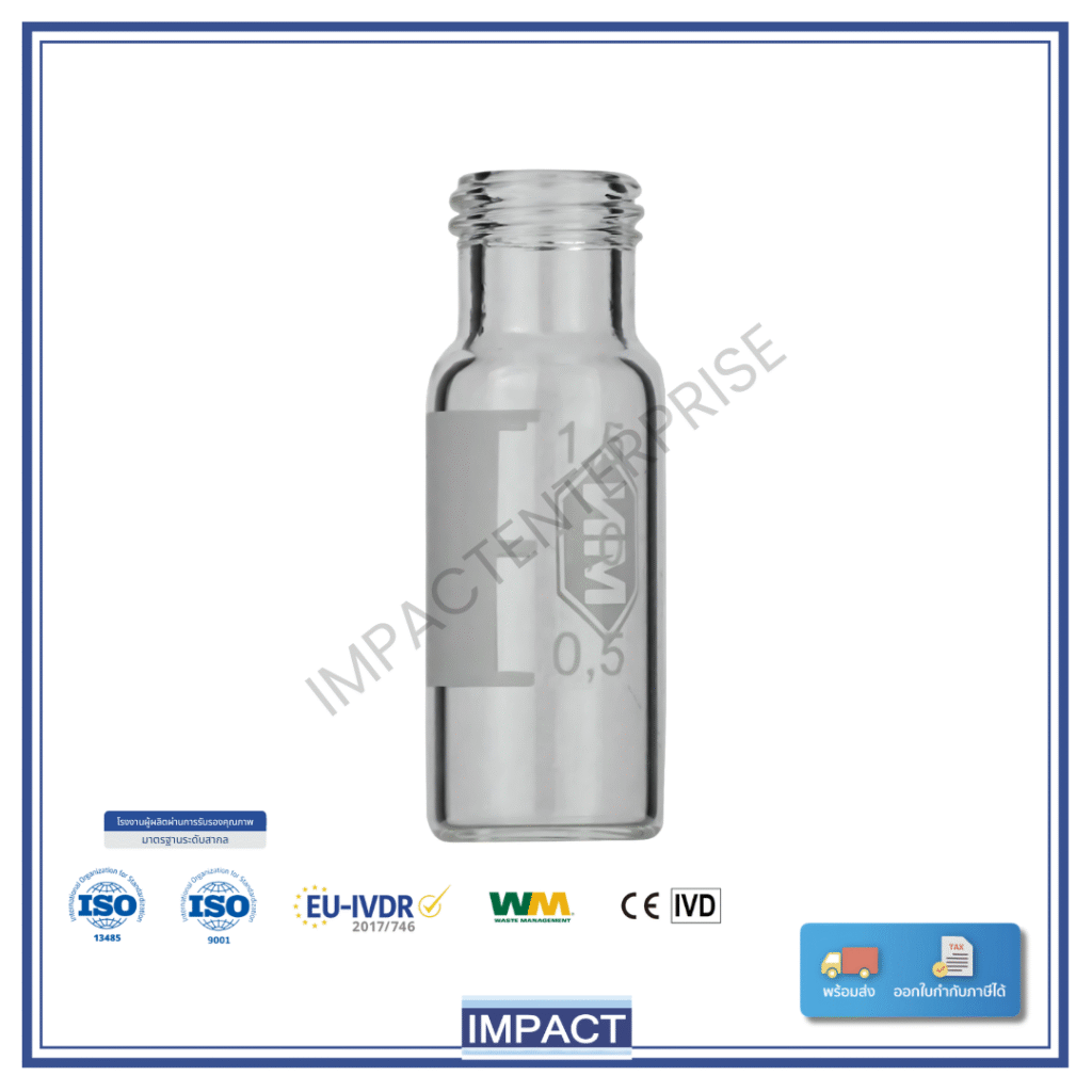 Vial สกรูคอ N9 1.5 mL แบบ Silanized แก้วใส ก้นเรียบ มีช่องเขียนฉลาก สำหรับ HPLC/GC