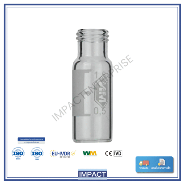 Vial สกรูคอ N9 1.5 mL แบบ Silanized แก้วใส ก้นเรียบ มีช่องเขียนฉลาก สำหรับ HPLC/GC