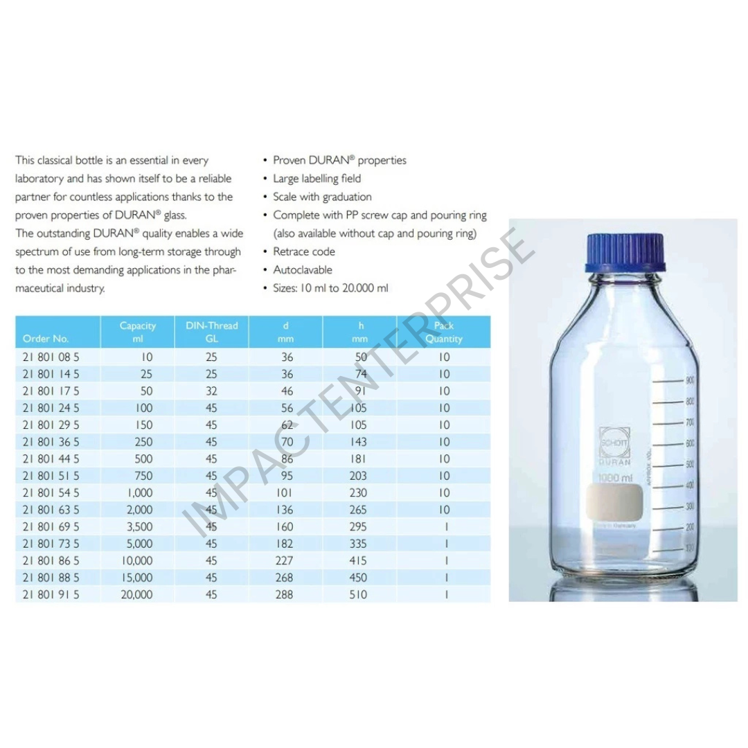 ตารางขนาดขวดแก้ว DURAN Laboratory Bottle