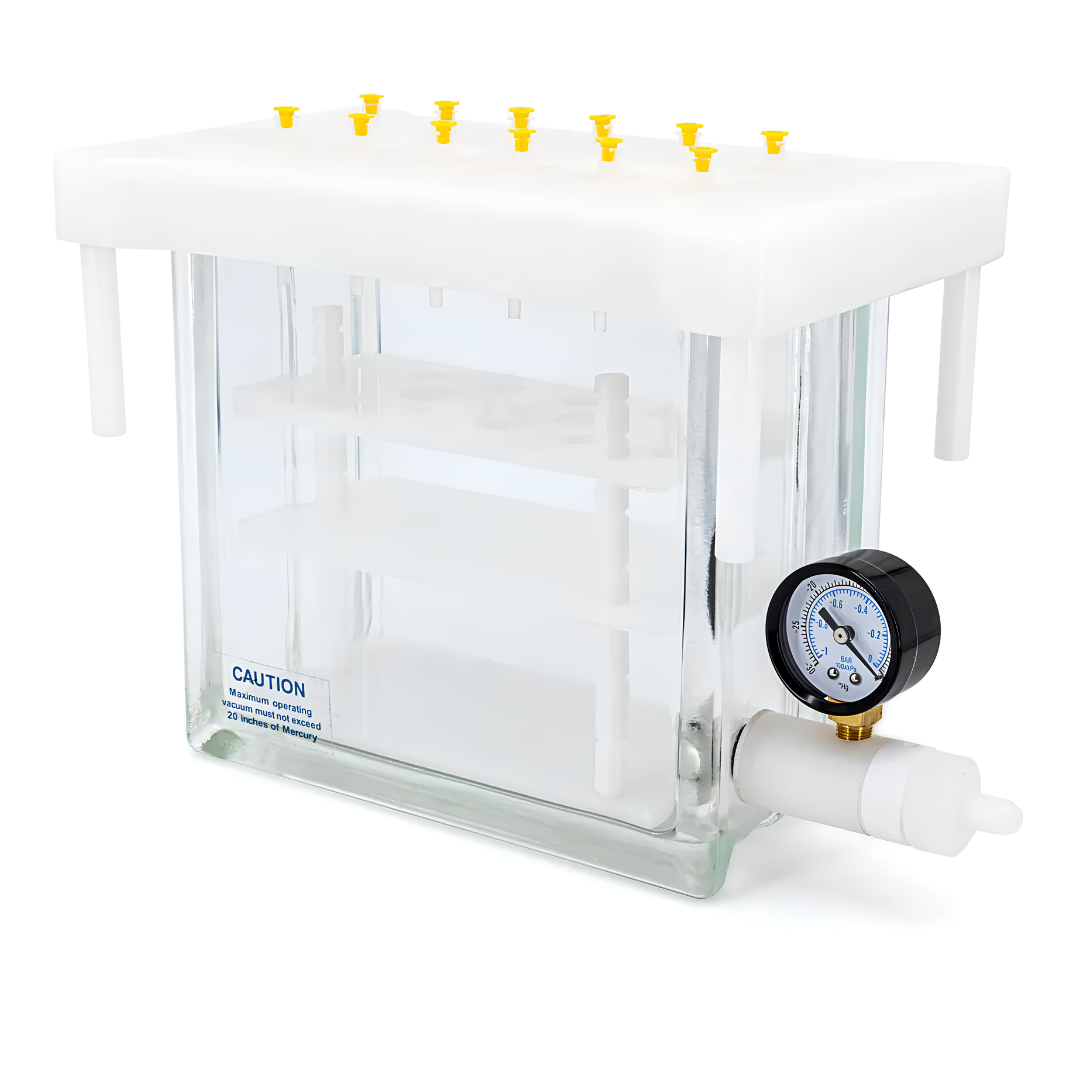 เครื่อง SPE vacuum manifold CHROMABOND มุมด้านข้าง เห็นชั้นวางในตู้แก้วและเกจวัด