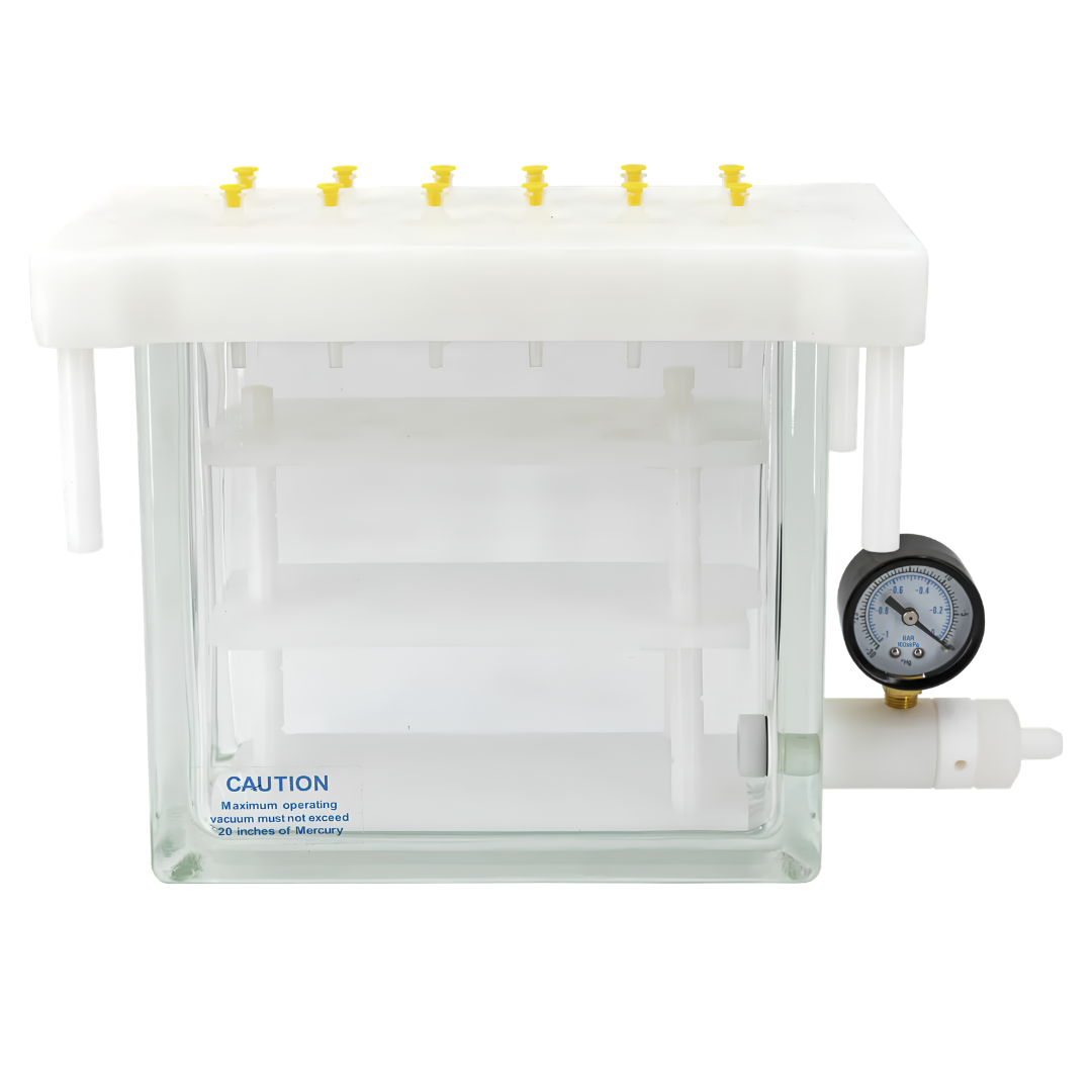 vacuum manifold CHROMABOND ด้านหน้า ตู้แก้วพร้อมฝา 12 ช่องและเกจวัดสุญญากาศ