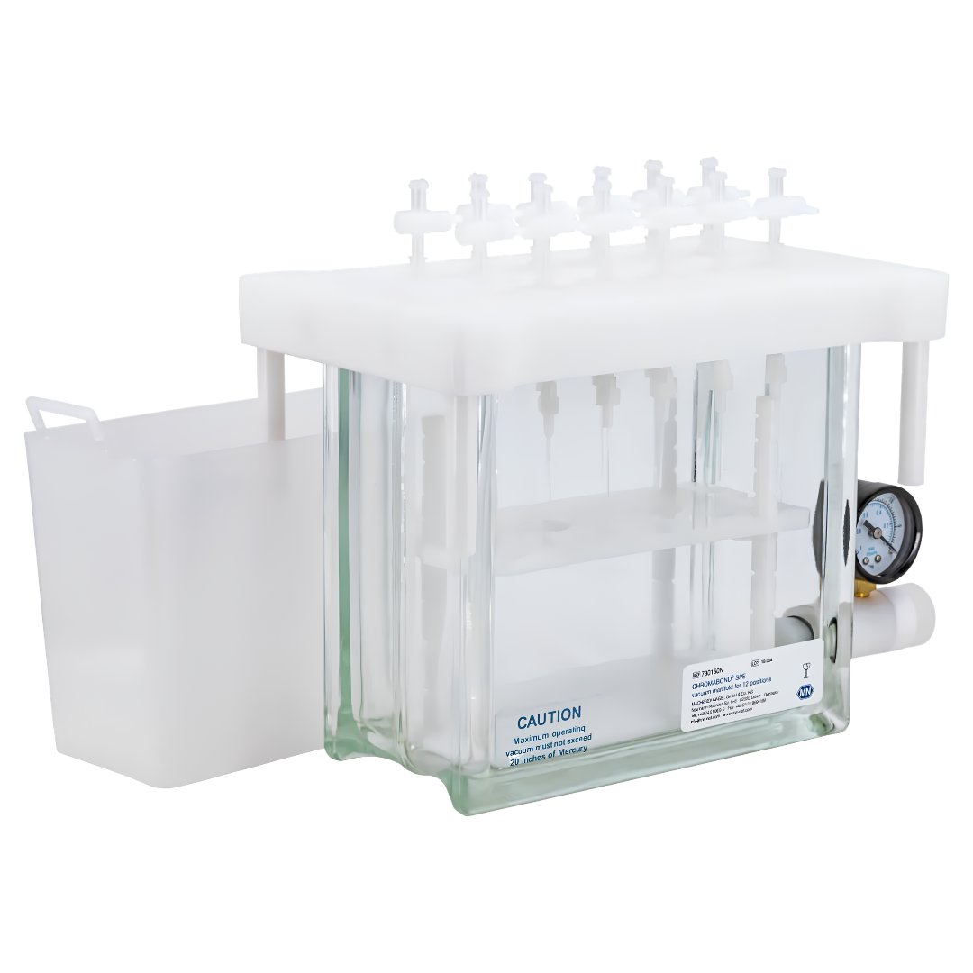SPE manifold CHROMABOND ติดวาล์ว 12 ตัวบนฝา วางคู่กับถังรับน้ำเสีย PP